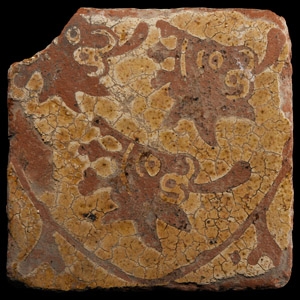Medieval Glazed Ceramic Tile with Three Crowned Lions within Heraldic Shield