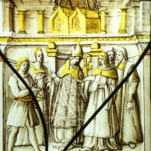 Medieval Stained Glass Panel with Bishop Hearing Disputes Beneath Gold Reliquary Caskets