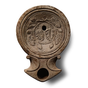 Large Roman Terracotta Discus Lamp with Foliage