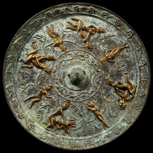 Chinese Tang Style Gilt Bronze Mirror with Erotic Scenes