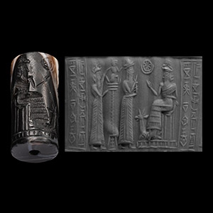 Western Asiatic Banded Quartz Cylinder Seal with Presentation Scene
