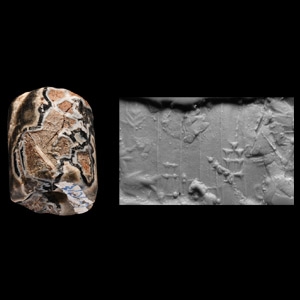 Western Asiatic Mottled Agate Cylinder Seal Section with Figures