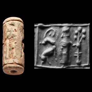 Western Asiatic Glazed Composition Cylinder Seal with Quadrupeds
