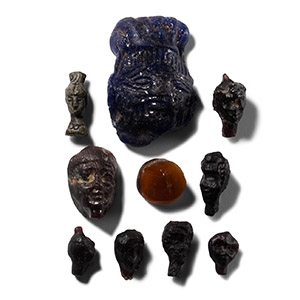 Romano-Egyptian Glass Head Amulet and Gem Collection