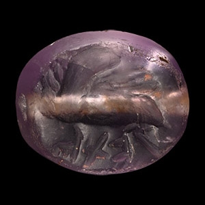 Western Asiatic Amethyst Scaraboid with Animal and Aramaic Inscription