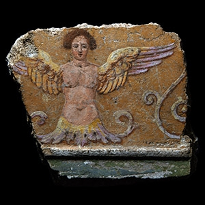 Roman Polychrome Wall Painting Fragment with Winged Siren