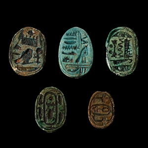 Egyptian Faience Hieroglyphic Scarab Group