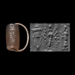 Mesopotamian Chalcedony Cylinder Seal with Figures and Gold Pendant Mount