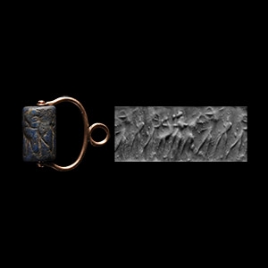 Old Babylonian Lapis Lazuli Cylinder Seal with Figures and Gold Pendant Mount