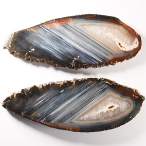 Natural History - Large Size Cut Malawi Agate Crystal Geode Slice Pair