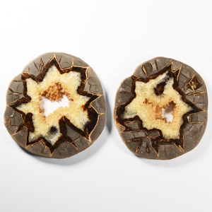 Natural History - Large Size Cut Septarian Agate Crystal Alien Egg Geode Slice Pair