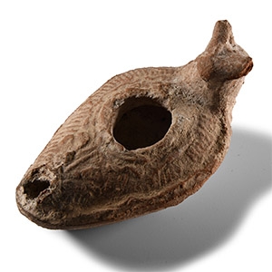 Byzantine Terracotta Slipper Oil Lamp with Animal Head Handle