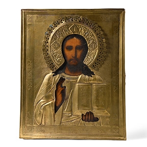 Russian Orthodox Painted Icon with Gilt Brass Oklad