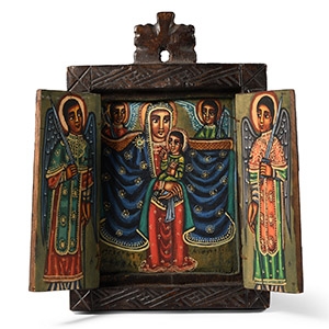 Ethiopian Wooden Painted Triptych Icon