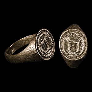 Tudor Period Tinned Bronze Signet Ring with Crowned Device