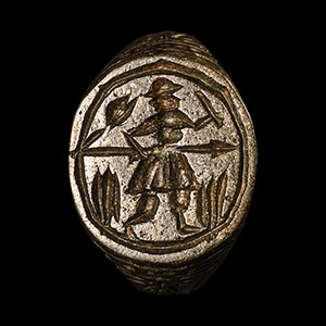 Tudor Period Tinned Bronze Signet Ring with Armed Soldier