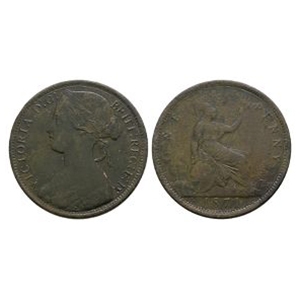 English Milled Coins - Victoria - 1871 - Bun Head AE Penny