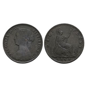 English Milled Coins - Victoria - 1869 - Bun Head AE Halfpenny