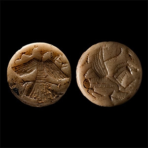 Western Asiatic Alabaster Bifacial Stamp Seal with Vulture, Snake and Winged Lion