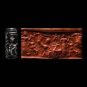 Western Asiatic Black Stone Cylinder Seal with Figural Combat Scene