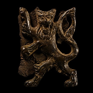Post Medieval Bronze Rampant Guardant Lion Heraldic Mount