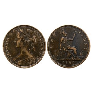 English Milled Coins - Victoria - 1860 - Bun Head AE Penny