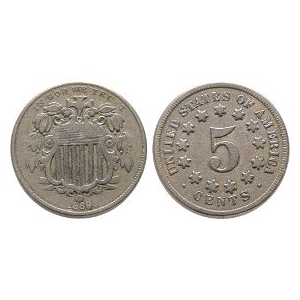 World Coins - United States of America - 1869 - Nickle Shield 5 Cents