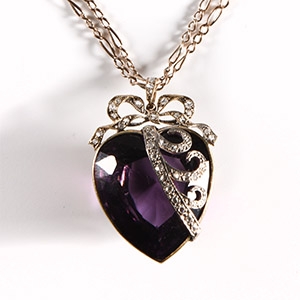 Antique Heart-Shaped Amethyst and Diamond Pendant with Gold Necklace