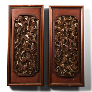 Chinese Gilt Wooden Carved Floral Panel Pair