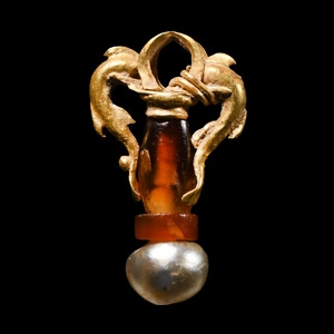 Greek Gold and Bead Pendant with Dolphins