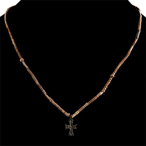 African Terracotta Bead Necklace String with Bronze Cross