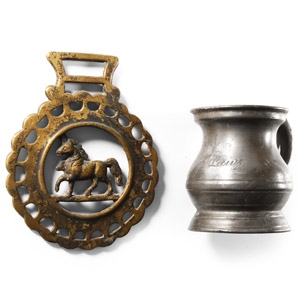 Georgian Pewter Gill Measure and Horse Brass