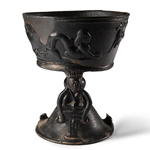 Etruscan Bucchero Chalice with Mythical Beasts, Animals, and Caryatid