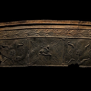Roman Lead Coffin Panel with Sphinx, Medusa and Dolphins