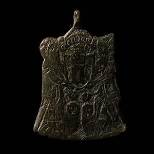 Large Medieval Bronze Heraldic Horse Harness Pendant with Figures Holding a Shield with Crested N
