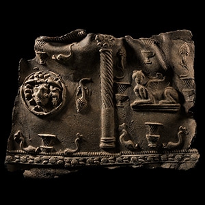 Roman Lead Sarcophagus Panel with Sphinxes, Dolphins and Masks of Medusa