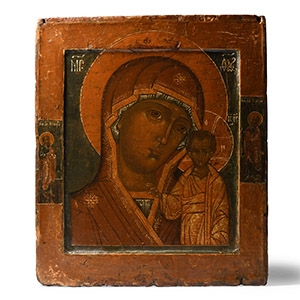Russian Wooden Icon with Virgin of Kazan