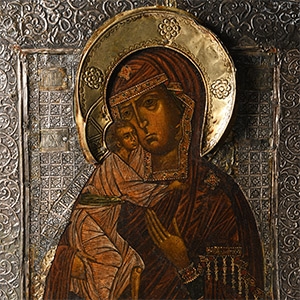 Russian Wooden Icon with Virgin Donskaya with Silver Basma