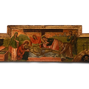 Cretan School Wooden Pedestal Cross Base with Descent from the Cross Gilt Painted Scene