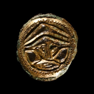 Anglo-Saxon Gilt Chip-Carved Button Brooch with Helmetted Warrior