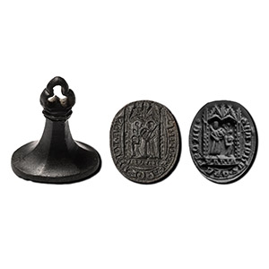 Large Medieval Bronze Oval-Shaped Seal Matrix with Saint John, Pray for Me