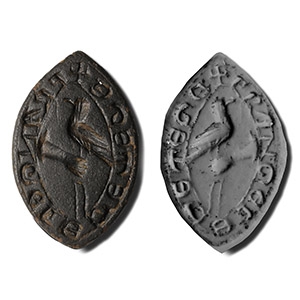 Medieval Bronze Vesica-Shaped Seal Matrix with Falcon