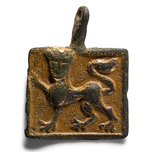 Medieval Knights Gilt Bronze Enamelled Heraldic Horse Harness Pendant with Crowned Royal Lion