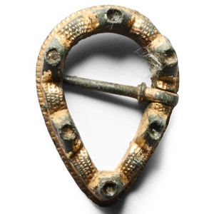 Medieval Gilt Bronze Teardrop Ring Brooch with Turrets