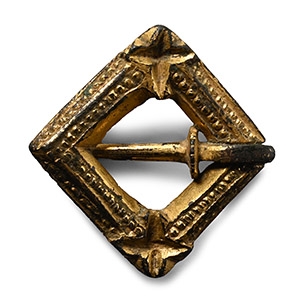 Medieval Gilt Bronze Lozenge-Shaped Ring Brooch with Inscription Verso