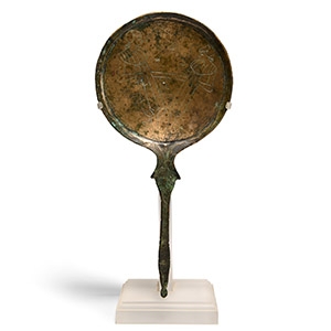 Etruscan Bronze Handled Mirror with Robed Female Dancers