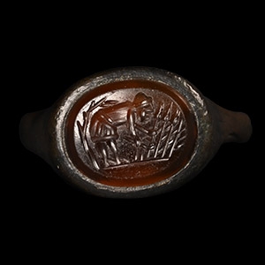 Late Roman Bronze Ring with Harvester Gemstone