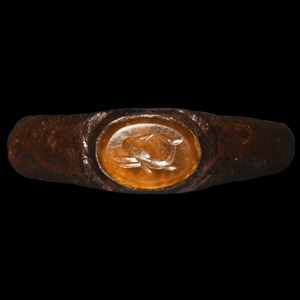 Late Roman Bronze Ring with Dolphin Gemstone