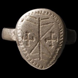 Medieval Silver Shield-Shaped Ring with Crosses