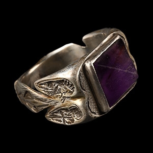 French Silver For My Life Iconographic Ring with Amethyst Gemstone